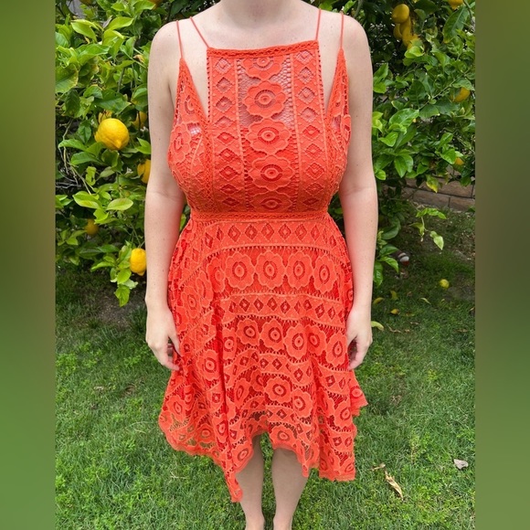 Free People-Just Like Honey Coral Orange Lace Crochet Floral Boho Flowy - Picture 1 of 10